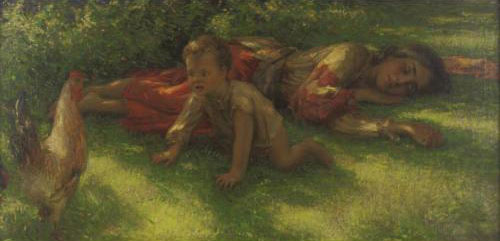Sleeping gypsy woman with baby and rooster
