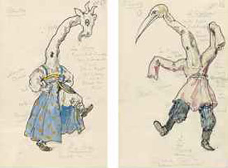Two costume designs for `Petrushka`: The stork and The goat