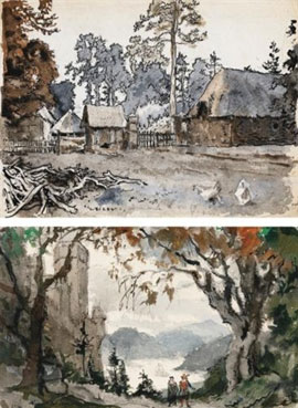 View of a French village; set design for act I of Donizetti`s Lucia di Lammermoor at La Scala