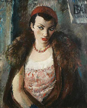 Femme à la fourrure, collier et béret rouge