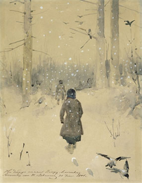 Hunter trekking through a winter landscape