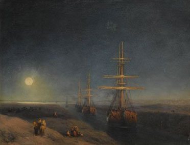 Ships passing through a canal in moonlight