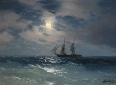 The brig Mercury in moonlight
