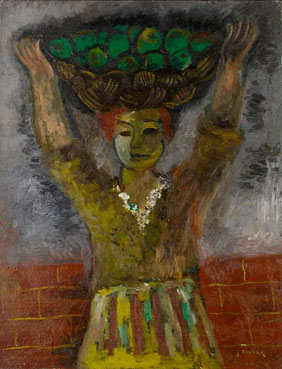 A young girl bearing green fruit