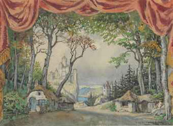 Set design for Giselle: Act I, A rustic village on the Rhine 