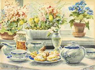 Tea set with tulips and violets