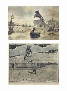 Two illustrations for The Bronze Horseman: St Petersburg flooded; and By the monument in the moonlight
