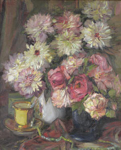 Still life with roses and chrysanthemums