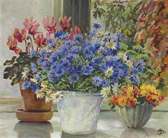 Still life with cornflowers, Michaelmas daisies, cyclamen and nasturtiums