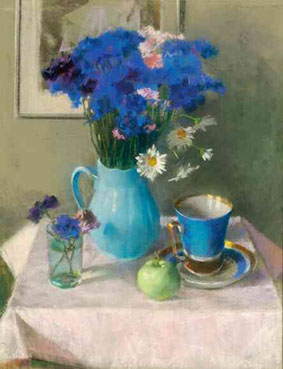 Still life with flowers, apple and cup