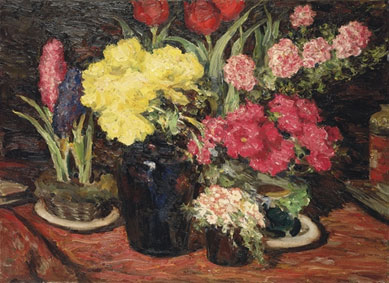 Still life with hyacinths, tulips, hollyhocks and peonies