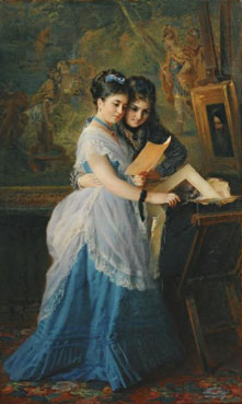 Two ladies looking at prints