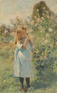 A little girl smelling mallow and yarrow