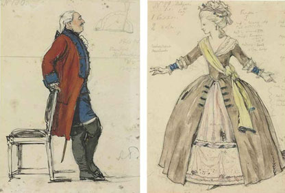 Two costume designs for The Queen of Spades: a man in a red coat; and a girl at the ball