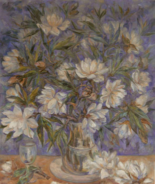 Still life with magnolias and a glass