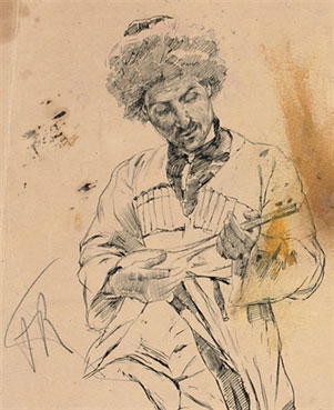 A Caucasian playing the balalaika (recto); three studies of a soldier (verso)