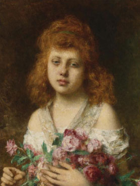 Auburn haired beauty holding red roses