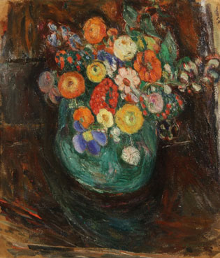 Double-Sided painting with Flowers and a Street Scene