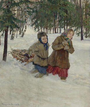 Везя дрова зимой в снегу