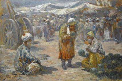 Donkeys at rest: market scene: praying elder