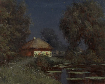 Ukrainian hut near a pond at night