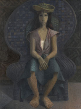 Portrait of seated woman in hat and fancy dress