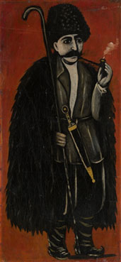 Shepherd in a felt cloak against a red background
