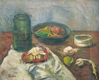 Nature morte au bocal et plateau de fruits