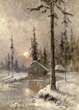 A winter scene with snow-capped cottages