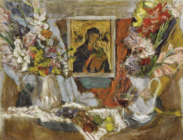 Still life with flowers and icon