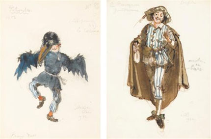 Two costume designs: Raven fance dress costume from Petrushka and a character from Le Raven; Le bougeois gentilhomme