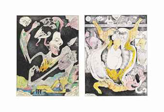 Two illustrations for The Beasts of St Anthony: Metaphysical beast; and A pig