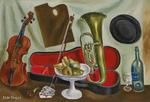 Instruments de musique et vase de fruits
