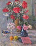 Still life with flowers and a book