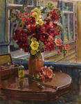 Still life with hollyhocks