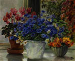 Still life with cornflowers, Michaelmas daisies, cyclamen and nasturtiums
