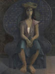 Portrait of seated woman in hat and fancy dress